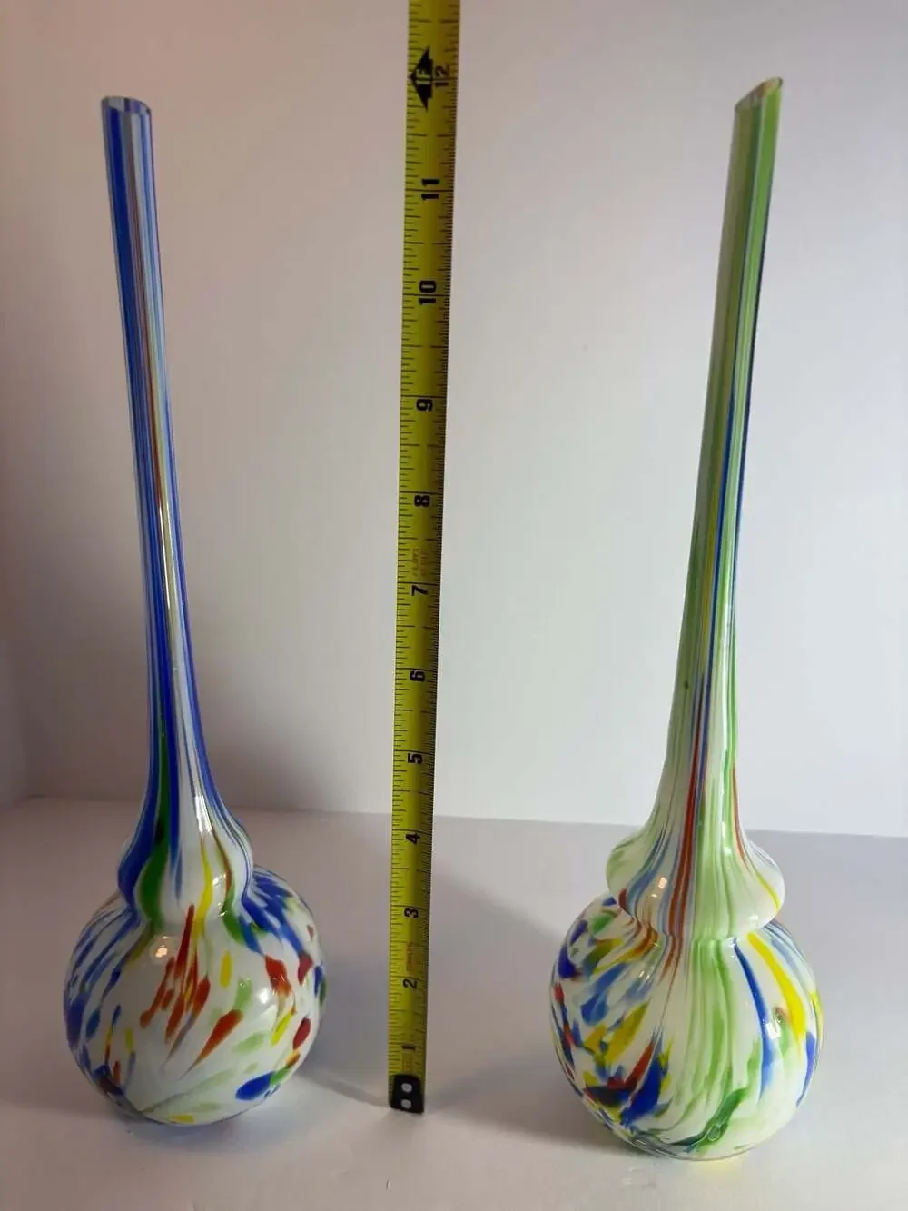 Vintage Hand Blown Glass Long Neck Bulb Vases Multi Color Confetti Ribbon Pair